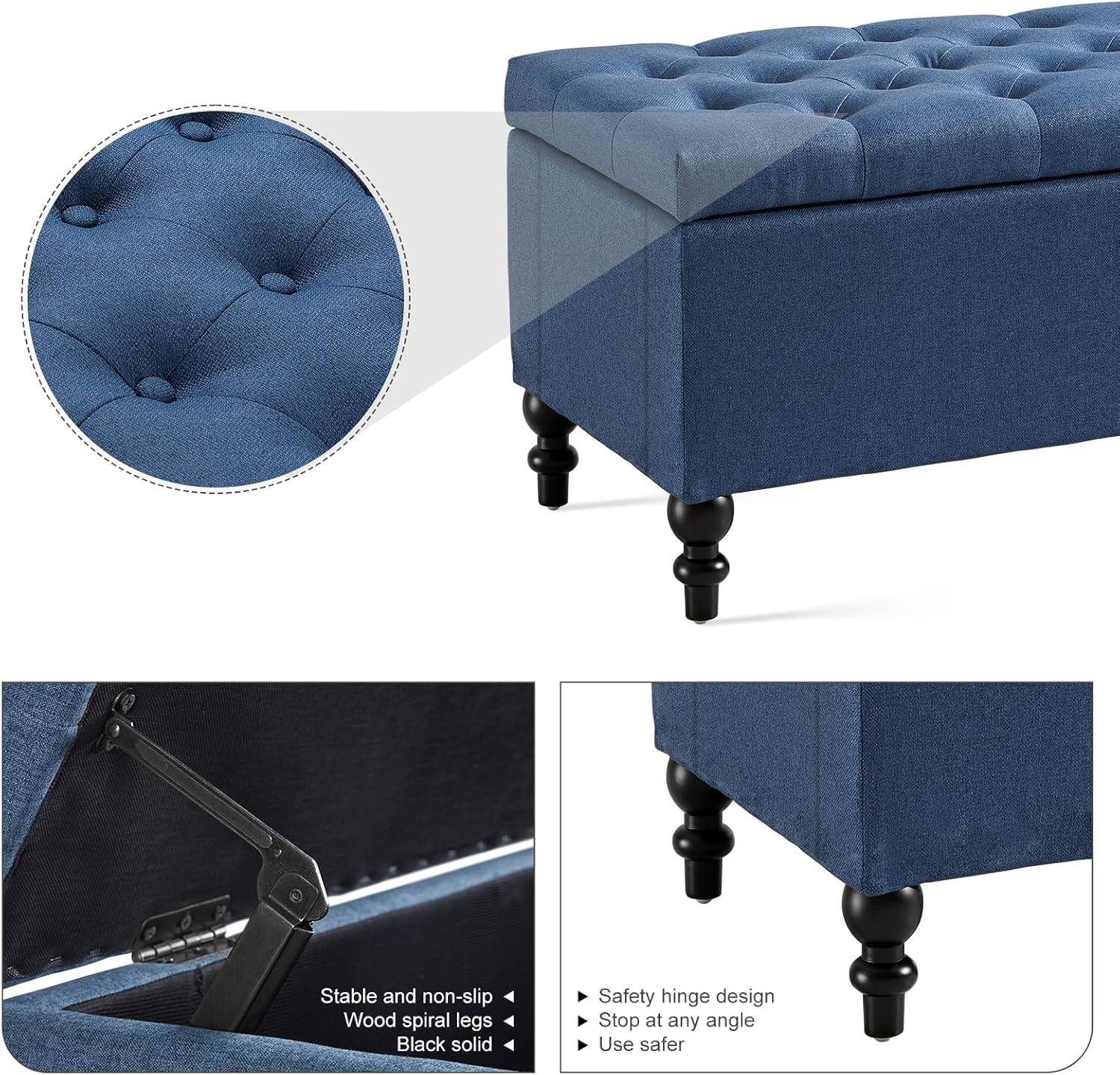Ottoman with Storage,50.2-inch Upholstered End of Bed Storage Bench for Bedroom,for The Living Room,for Entryway, with Tray & Button and Safety Hinges,Detachable (Blue)