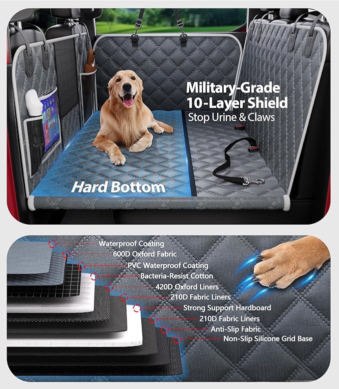 PetGenie Dog Car Seat Cover for Back Seat 10-Layer Military-Grade Protection, Hard Bottom Dog Hammock, Pet Bed Extender for Dogs, Waterproof Seat Protector Universal XL Size Fits for SUV Medium Truck
