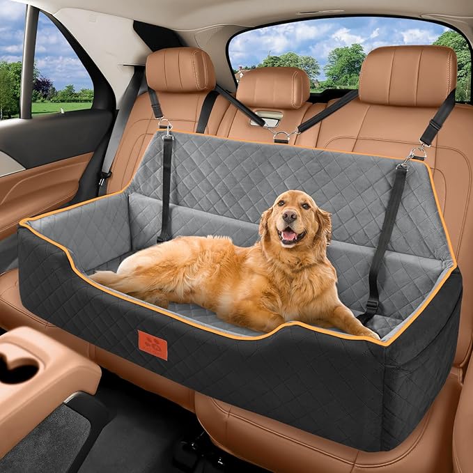 Large Dog Car Seat for Dods Under 100 Lbs, Memory Foam Dog Car Bed for Backseat & Trunk, Detachable and Washable Cover, Pet Travel Seat with Storage Pockets, 2 Safety Belts