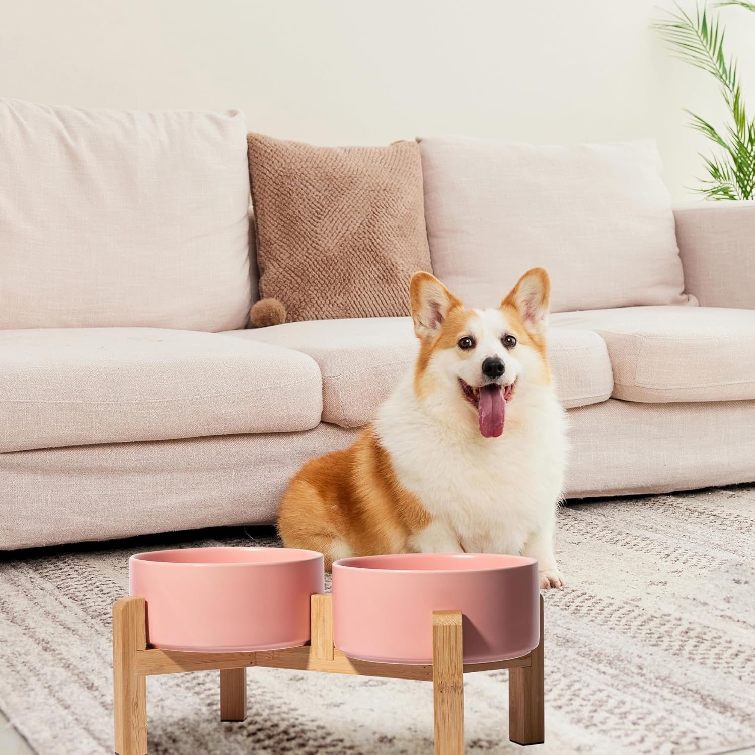 Elevated Ceramic Dog Bowl Set - Raised Dog Bowls with Non-Slip Bamboo Stand - Dog Food and Water Bowl Set - Double Dog Feeding Bowls - Suitable for Small and Medium Dogs - 28.74 OZ - 3.6 CUPS - 850 ML