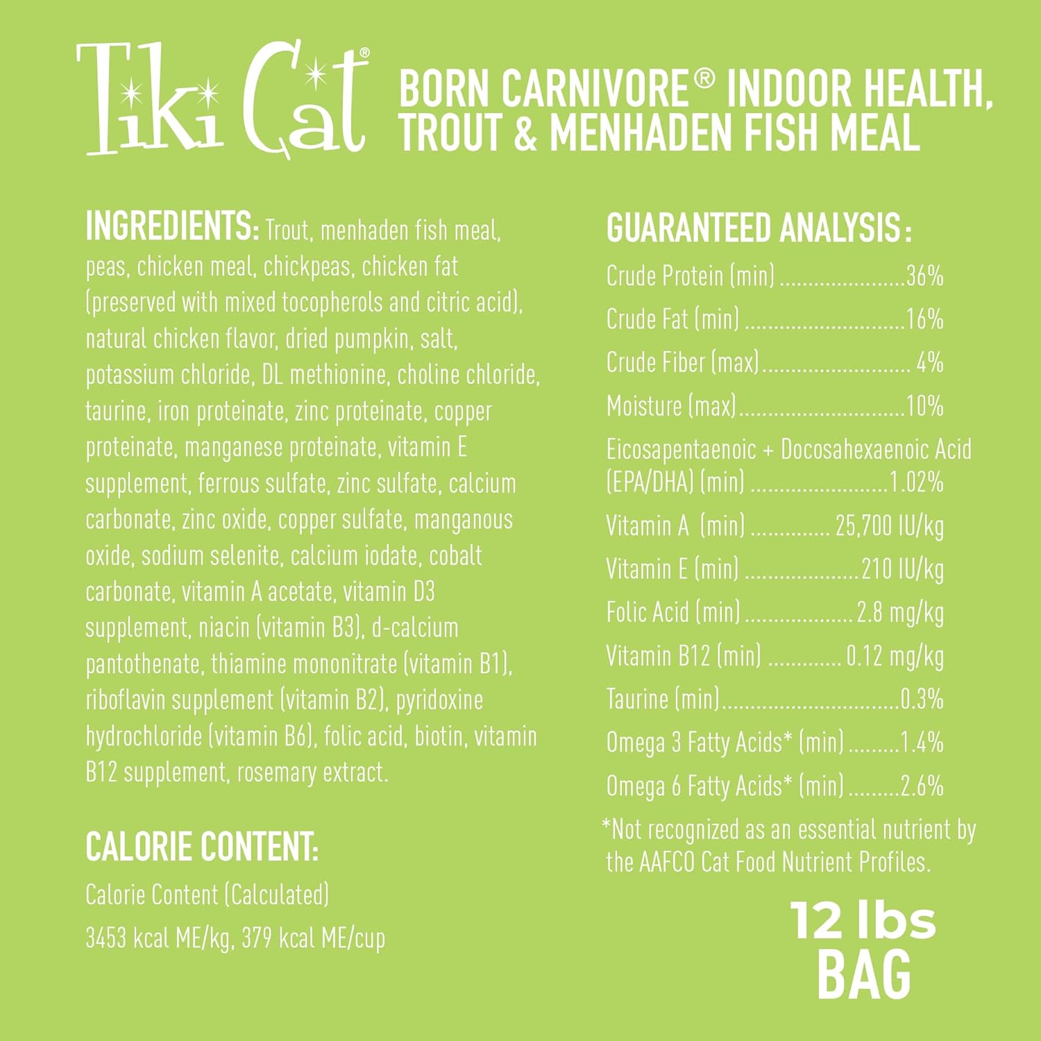 Tiki Cat Born Carnivore Indoor Health Dry Cat Food, Trout & Menhaden Fish Meal, 12 lbs. Bag