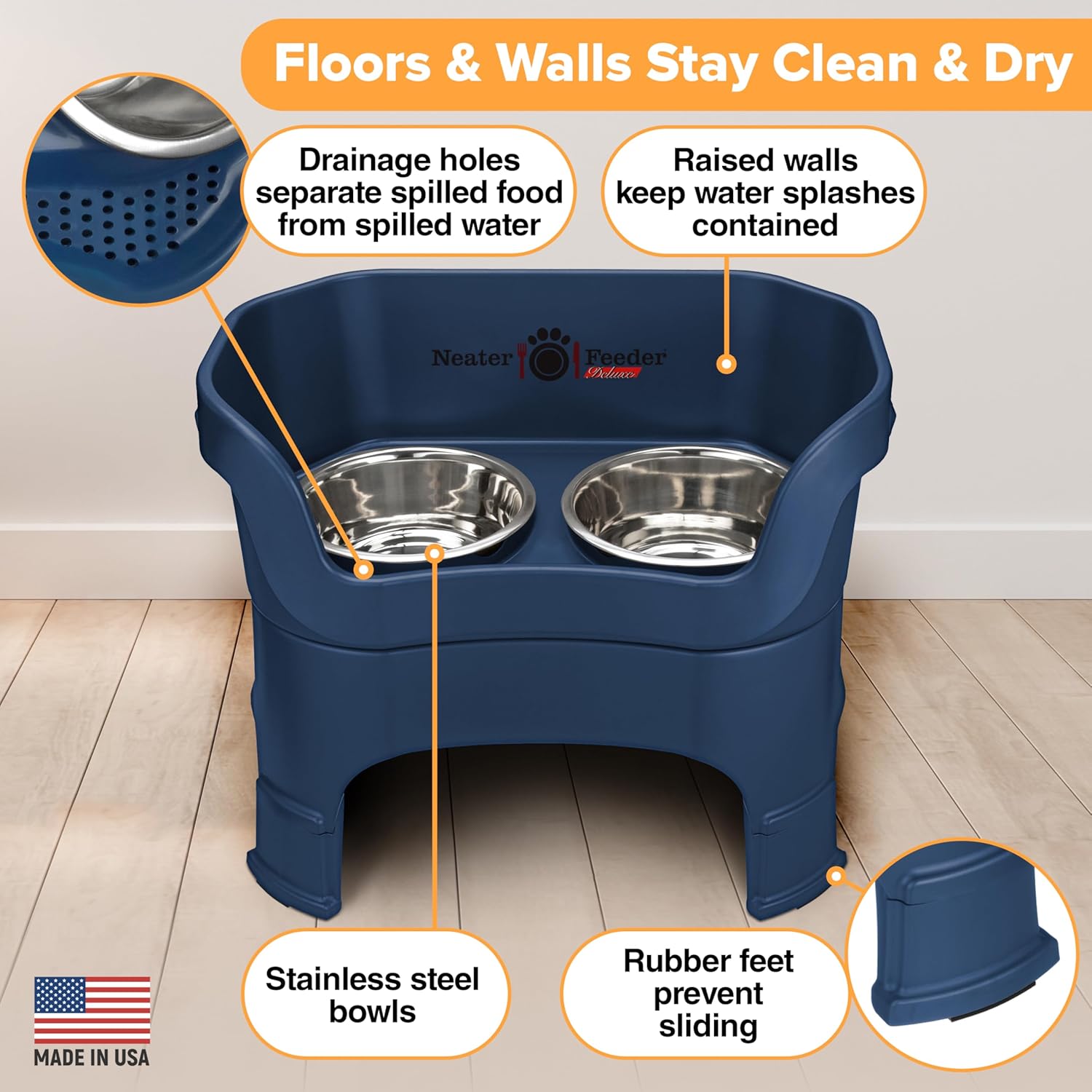 Neater Feeder Deluxe Mess Proof Dog Bowls Elevated for Large Dogs – Made in USA – No Spill Raised Dog Food Bowl Stand w/Leg Extensions – Stainless Steel Food and Water Bowl Set – Dark Blue
