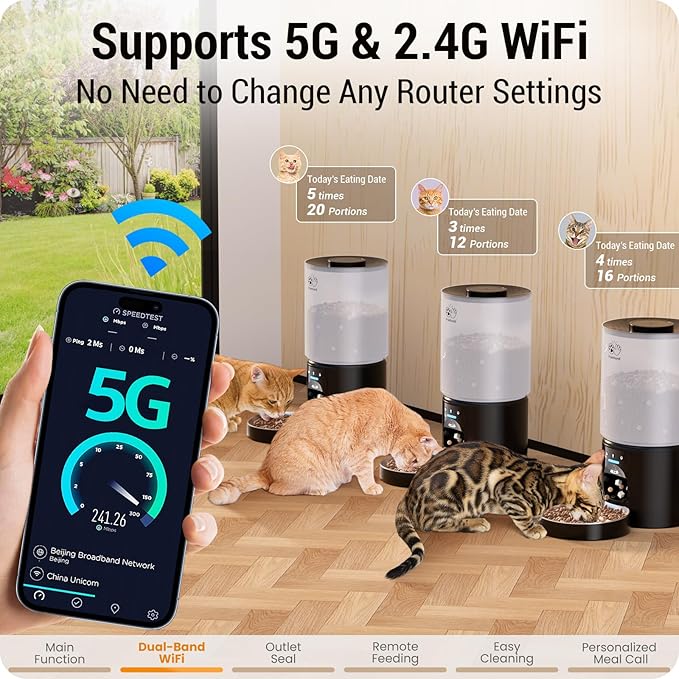 Automatic Cat Feeder with 5G WiFi : 5L Automatic Dog Feeder with Sealed Outlet, Timed Auto Cat Food Dispenser with APP Control for Pets, Detachable for Easy Clean - 21 Cup