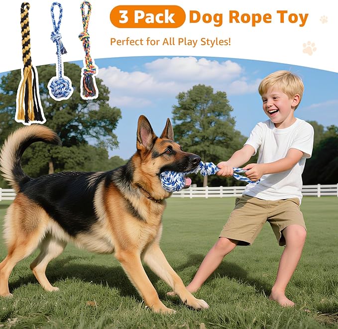 Heavy Duty Dog Rope Toys for Aggressive Chewers - 3 Packs Indestructible Cotton Dog Chew Toys for Small Medium Breed - Exercise Interactive Tug of War Dog Toy for Boredom, Teeth Clean(Miax Colors)