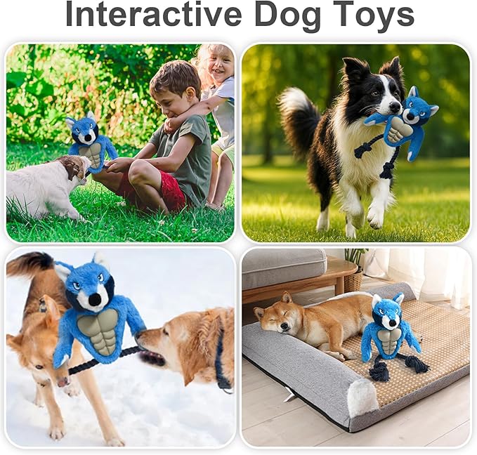 Muscle Wolf Dog Toy – Durable Plush with Rubber Chest & Rope Legs, Squeaky Tug Toy for Medium & Large Dogs, Built for Tough Play, 14.1 Inch Interactive Chew Toy
