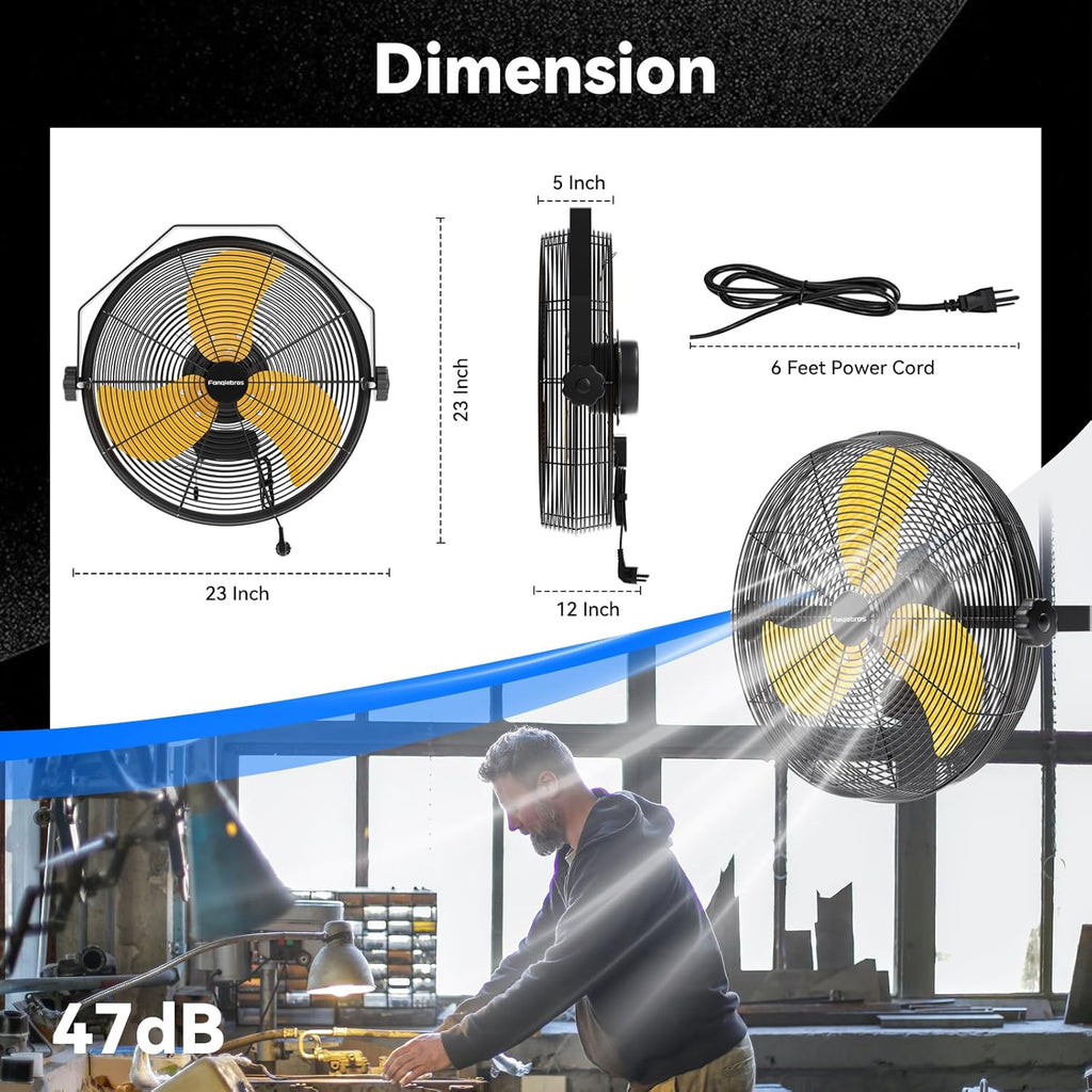 4580 CFM 18 inch High Velocity Wall Mounted Fan, 3-Speed Metal Fan with Sealed Motor, 360 Degree Tliting Heavy Duty Wall Fan for Patio, Barn, Garage, and Gazebo - UL listed