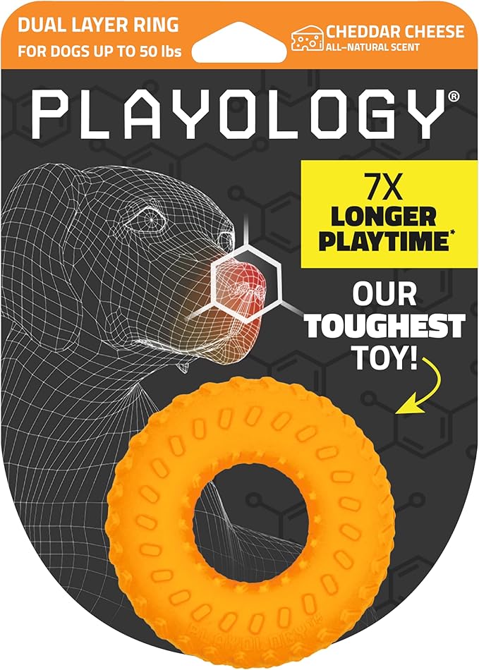 Playology Dog Toys | Dual Layer Ring Durable Chew Toy for Aggressive Chewers | Medium Cheddar Cheese Scented Toy - Easy to Clean and Made from Non Toxic Materials
