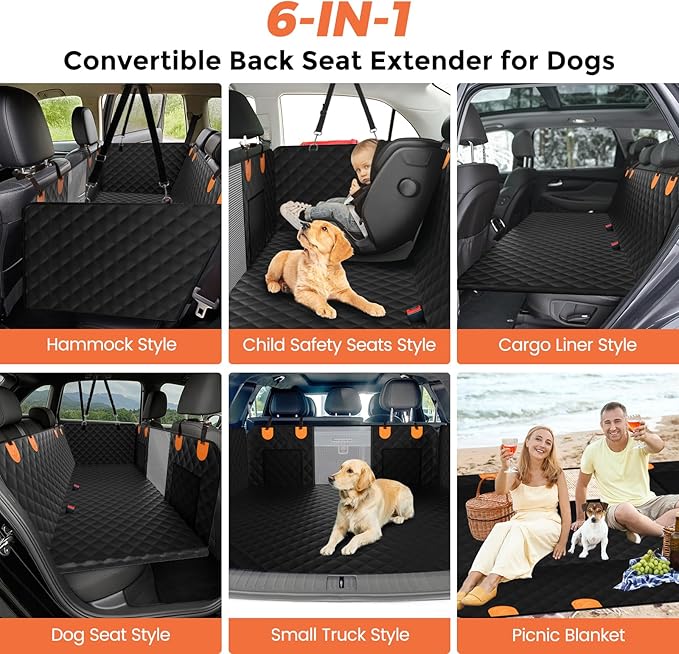 Back Seat Extender for Dogs - Hard Bottom,Waterproof Dog Car Seat Cover for Back Seat Holds 450 lbs - Detachable, Scratch-Proof and Anti-Slip Dog Hammock for Cars, SUVs and Trucks, Bk+ORG