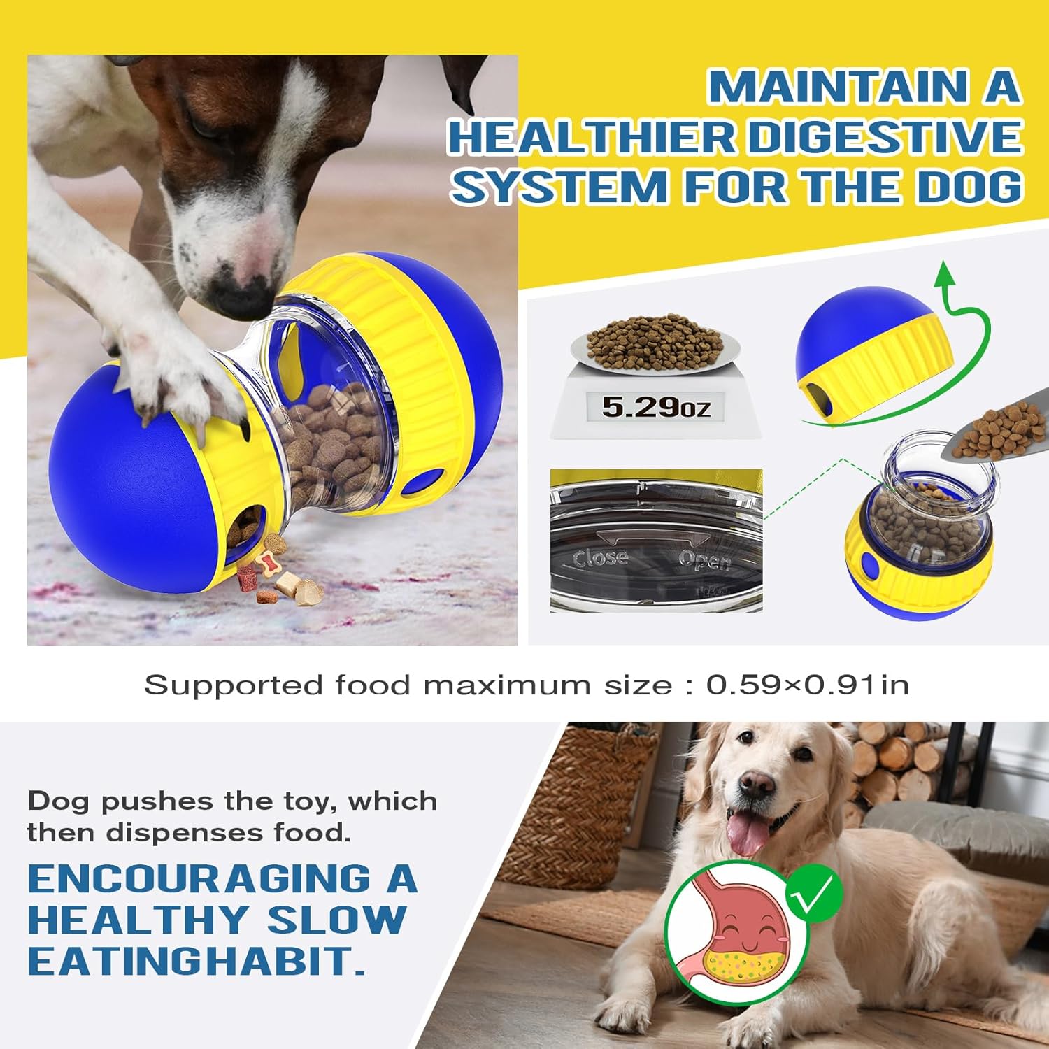 Dog Treat Dispensing Puzzle Toy Adjustable Food Dispenser Slow Feeder Puppy Enrichment Training Rolling Ball Pet Interactive Chase Toys for Small Medium Large Dogs to Keep Them Busy