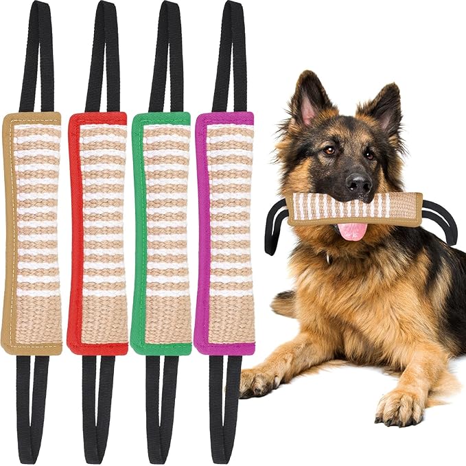 Kacctyen 4 Pcs Christmas Dog Tug Toys, Jute Pillow Pull Toy with 2 Strong Handles Tug of War Interactive Play Puppy Training Equipment for Medium to Large Dogs, 4 Colors(Stylish Color)