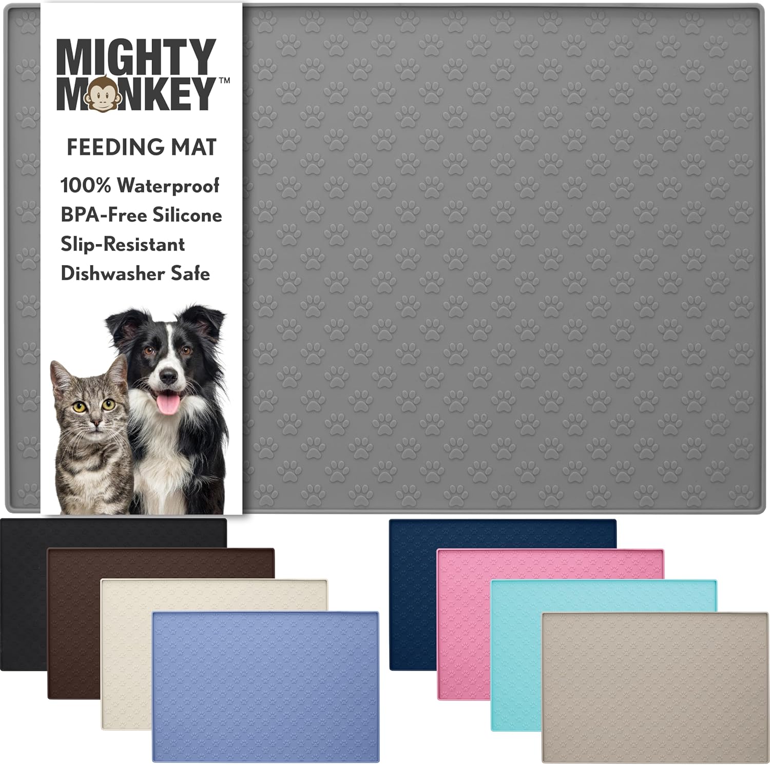 MIGHTY MONKEY 100% Waterproof Dog Food Mat, Raised Edges Silicone Pet Feeding Placemat for Cat, Dogs, Pet Bowls, High Lipped Tray Prevents Water Spills, Food on Floor, Dishwasher Safe, 24x16, Gray