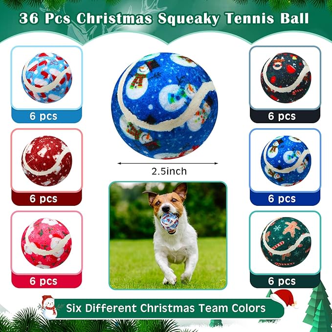 36 Pcs Dog Squeaky Tennis Balls 2.5 Inch Interactive Balls for Small Medium Large Dogs Teething Chew Toys for Throwing Fetch Exercise Playing Outdoor 6 Style(Snowman)