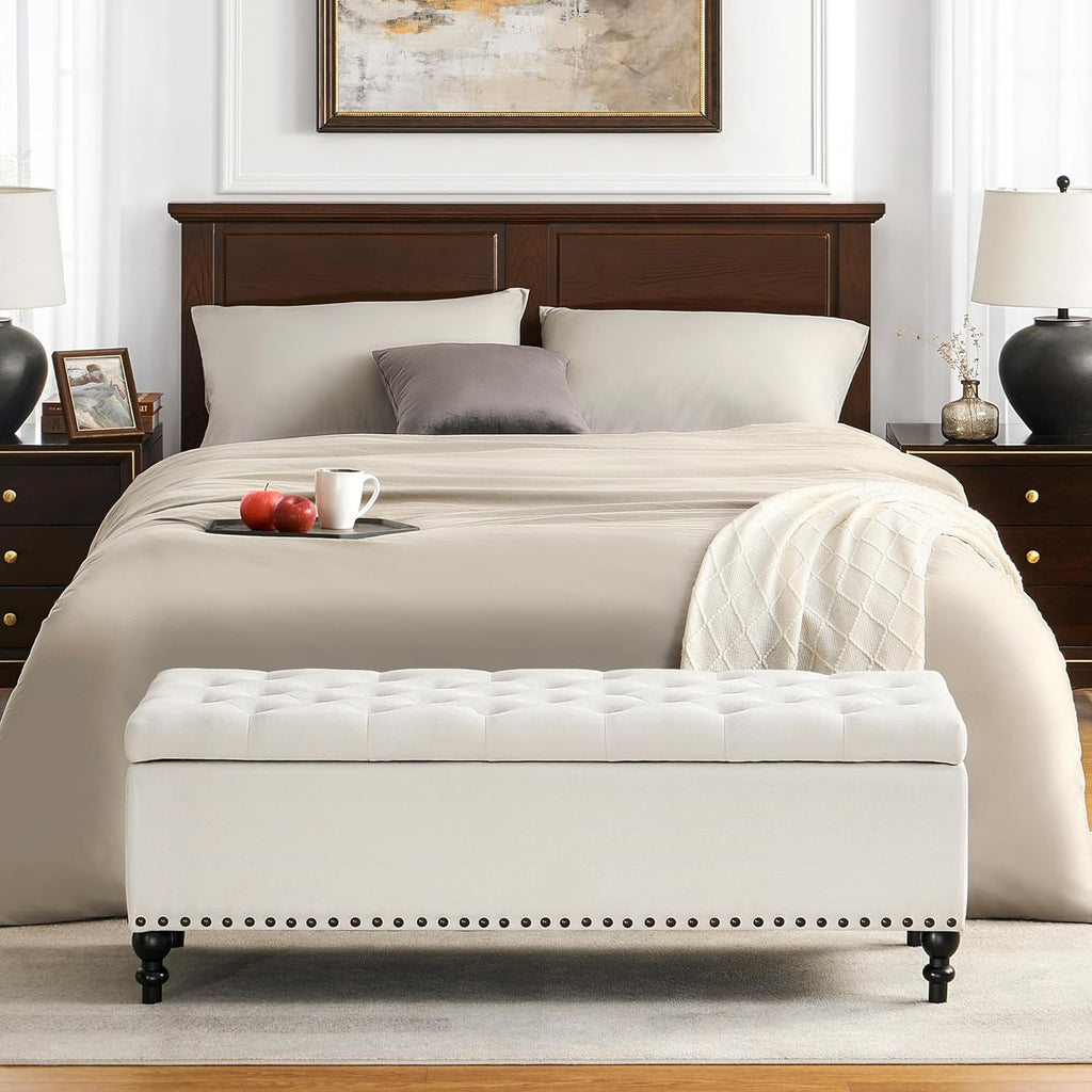 Ottoman with Storage,50.2-inch Upholstered End of Bed Storage Bench for Bedroom,for The Living Room,for Entryway, with Rivets & Button and Safety Hinges,Detachable (White)