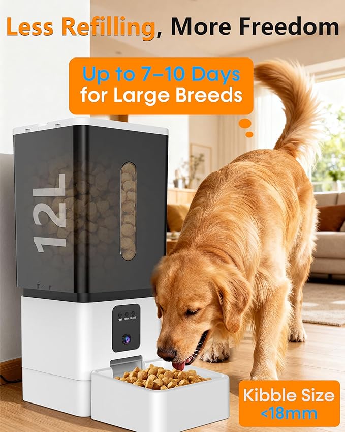 Automatic Dog Feeder Large Breed: 12L/50 Cups with HD 1080P Camera - 5G WiFi Anti-Clog Timed Dog Food Dispenser for Golden Retriever Busy Owners by UTCG