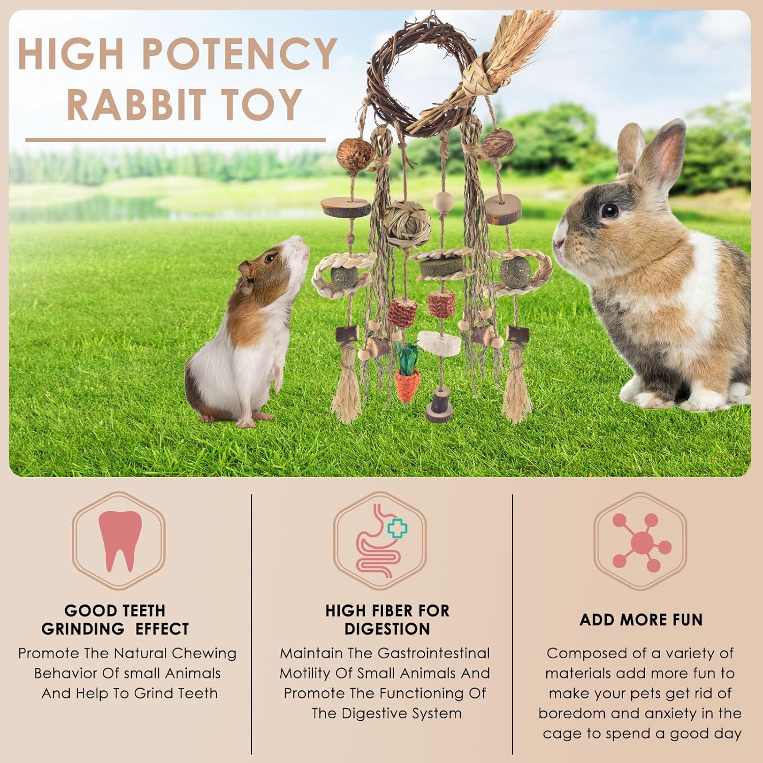 Bissap Bunny Chew Toy, Rabbits Cage Hanging Chew Toys and Treats Rattan Ring with Snacks Water Grass Wooden Block Carrot for Guinea Pigs Chinchillas Hamsters Rats and Other Small Pets Teeth Grinding