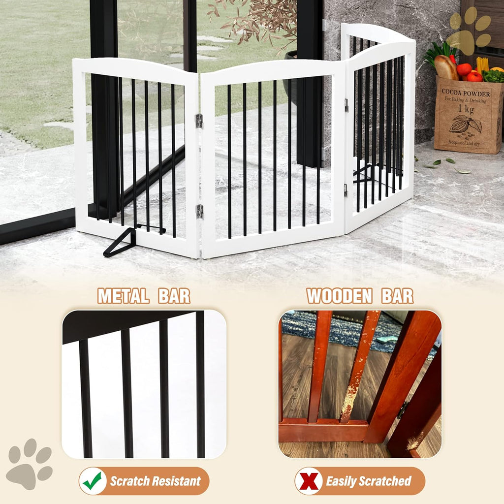 Freestanding Pet Gate for Dogs, Foldable Wooden Dog Gate for House, Indoor Dog Gate for Stair, Doorway, Gates for Dogs Indoor, 80 Inch Wide, 4 Panels 24",White