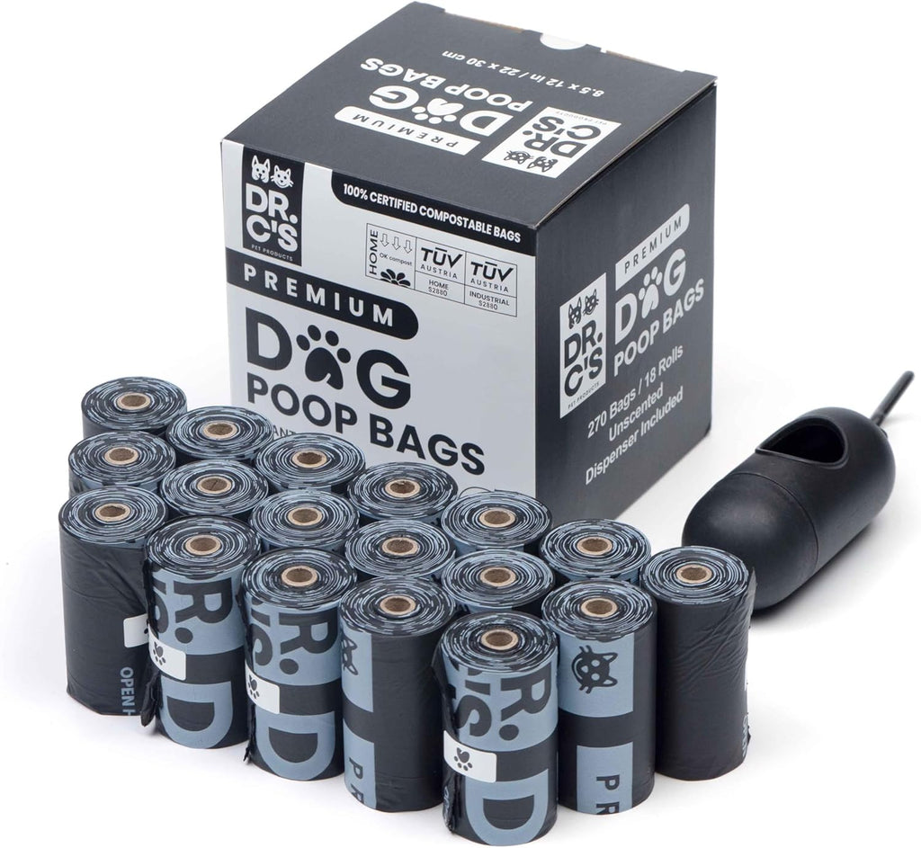 100% Certified Compostable Dog Poop Bags - Dr. C's Premium Dog Poop Bags - 270 Bags / 18 Rolls, Extra thick, Leak Proof, Unscented, Plant Based and Earth Friendly, Dispenser Included