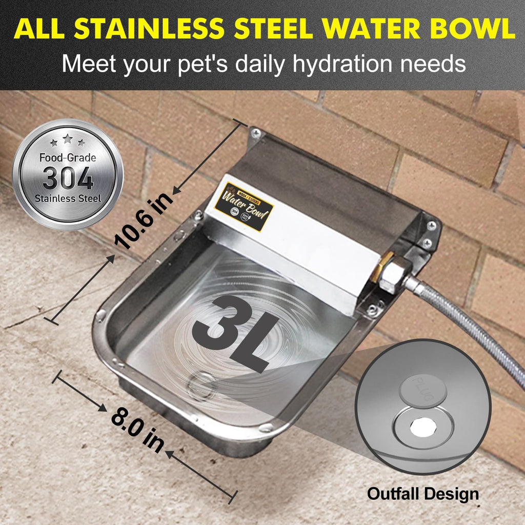Automatic Water Dispenser for Dogs, Patented 3L Outdoor Dog Drinking Water Bowl, Stainless Steel Waterer Feeder Suitable for Chicken Livestock Animal,Fit 3/4'' GHT Faucet, Wall-Mounted, Easy to Clean