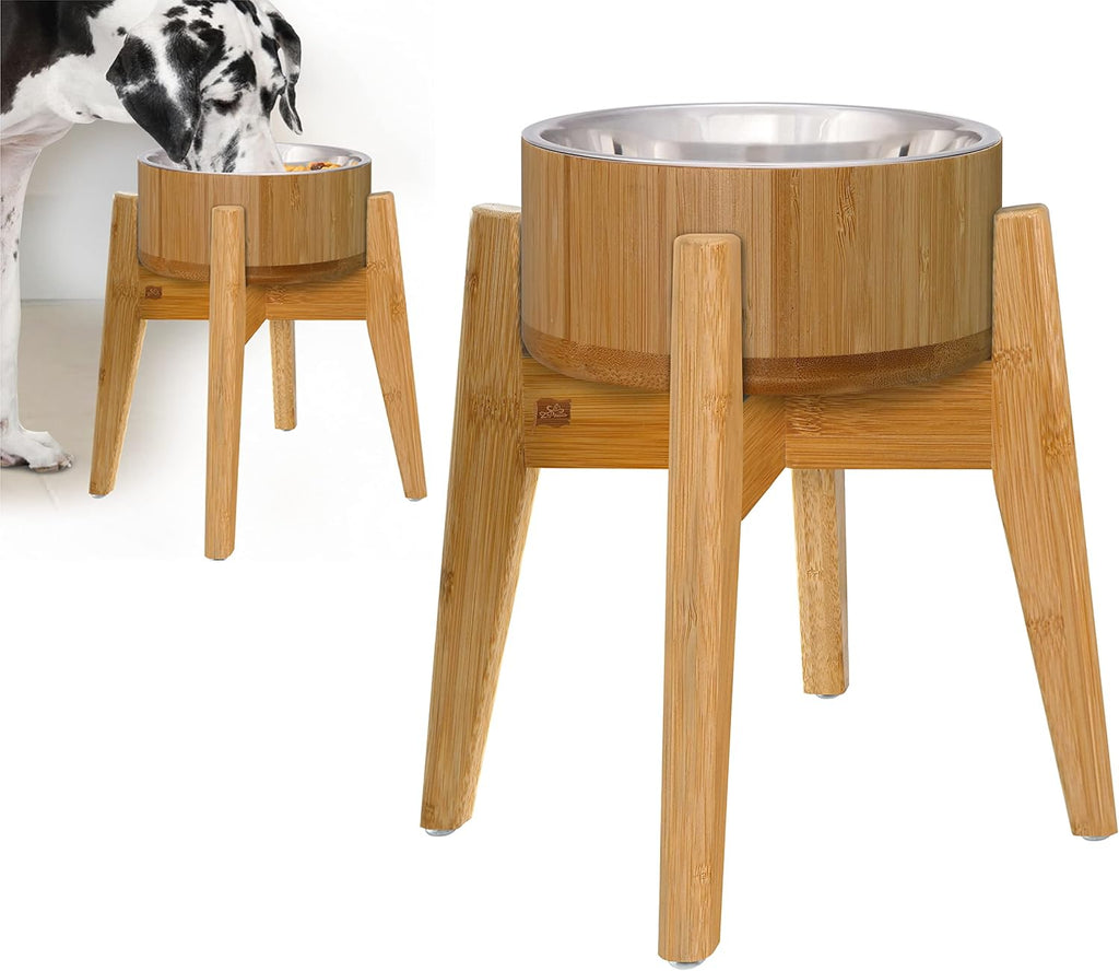 Dog Bowls Elevated, 12-inch High, 5-Cup Cap - Set of Bamboo Holder, Stainless Inner Dish and Stand - Ideal for Medium to Large Breeds - All-Detachable Parts