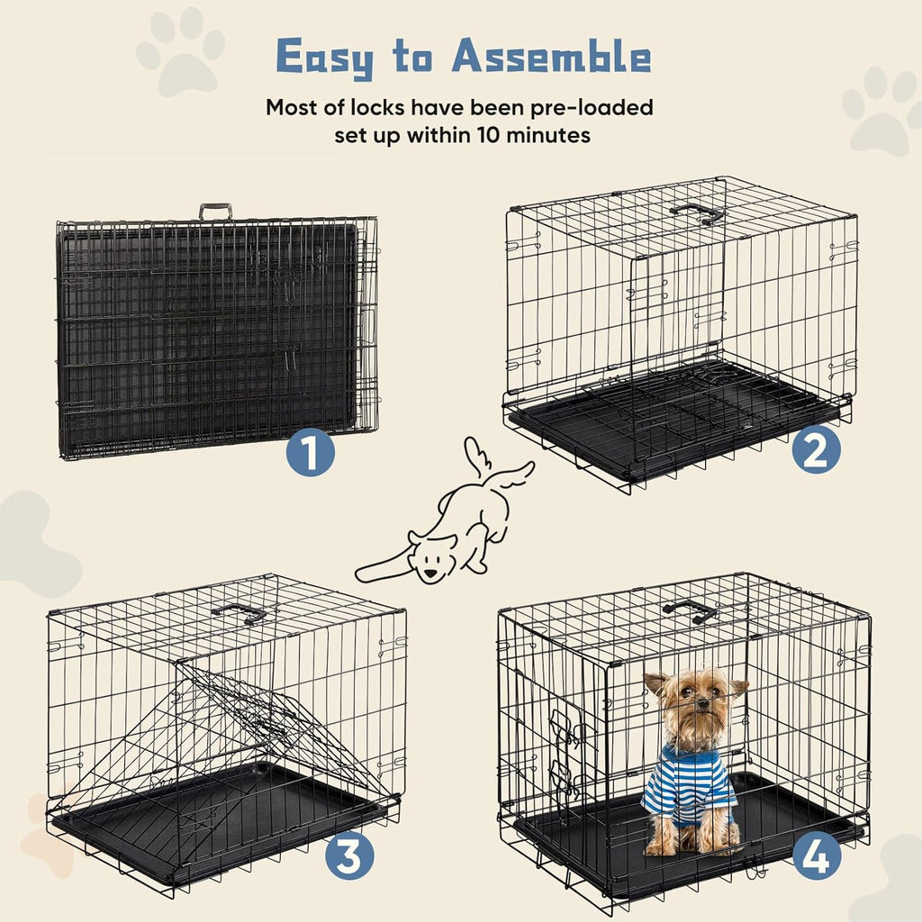 DUMOS Dog Crate, 30 Inch Medium Single Door Dog Cage with Divider Panel and Plastic Leak-Proof Pan Tray, Folding Metal Wire Pet Kennel for Indoor, Outdoor, Travel