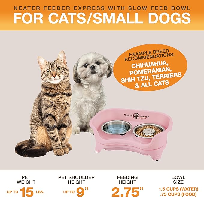 Neater Feeder Express Mess Proof Dog Bowls Elevated for Small Breed – Made in USA – No Spill Raised Slow Feeder Elevated Dog Bowl Stand, Stainless Steel Food and Water Bowl Set, Pink