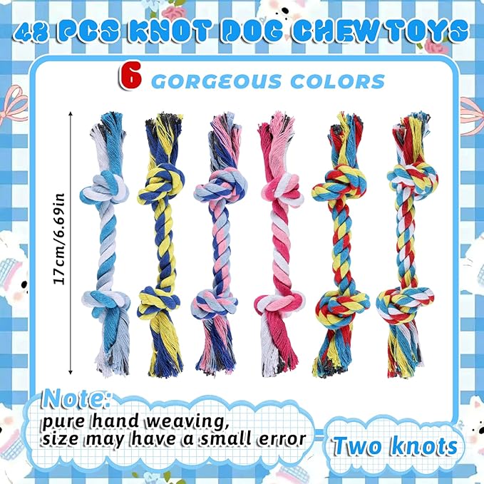 48 Pcs Dog Rope Toys Bulk, 100% Cotton Rope Dog Toys for Aggressive Chewers Durable Puppy Tug of War Toy with Knot, Interactive Puppy Toy for Small & Medium Pet Teething, Teeth Cleaning - 6 Colors