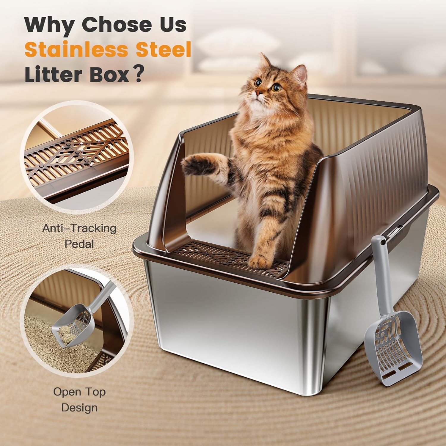 Tripamin 15” XL Stainless Steel Cat Litter Box Enclosure, XXL Stainless Steel High Sides with Lid, Extra Large Metal Cat Litter Box (Translucent Brown, XX-Large)