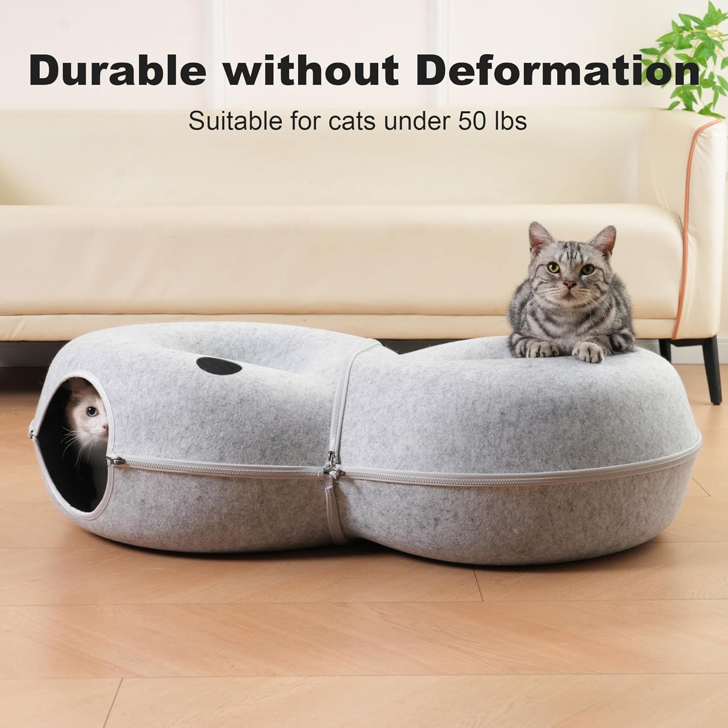 8-Shaped Large Cat Tunnel Bed for Indoor Cats, Infinite Circulation Peekaboo Cat Cave with 12 Toy Balls, Cat Donut Tunnel for Cats up to 30 Pounds (Light Grey, L 38x24x11in)