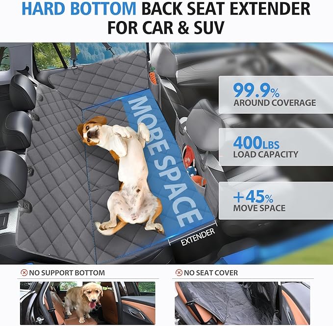 Back Seat Extender for Dogs-Firm Base, Dog Car Seat Cover for Back Seat-Keep Clean, Safe Ride Dog Hammock for Mid-Size Cars, SUVs, Trucks Black(52‘x24.8’)