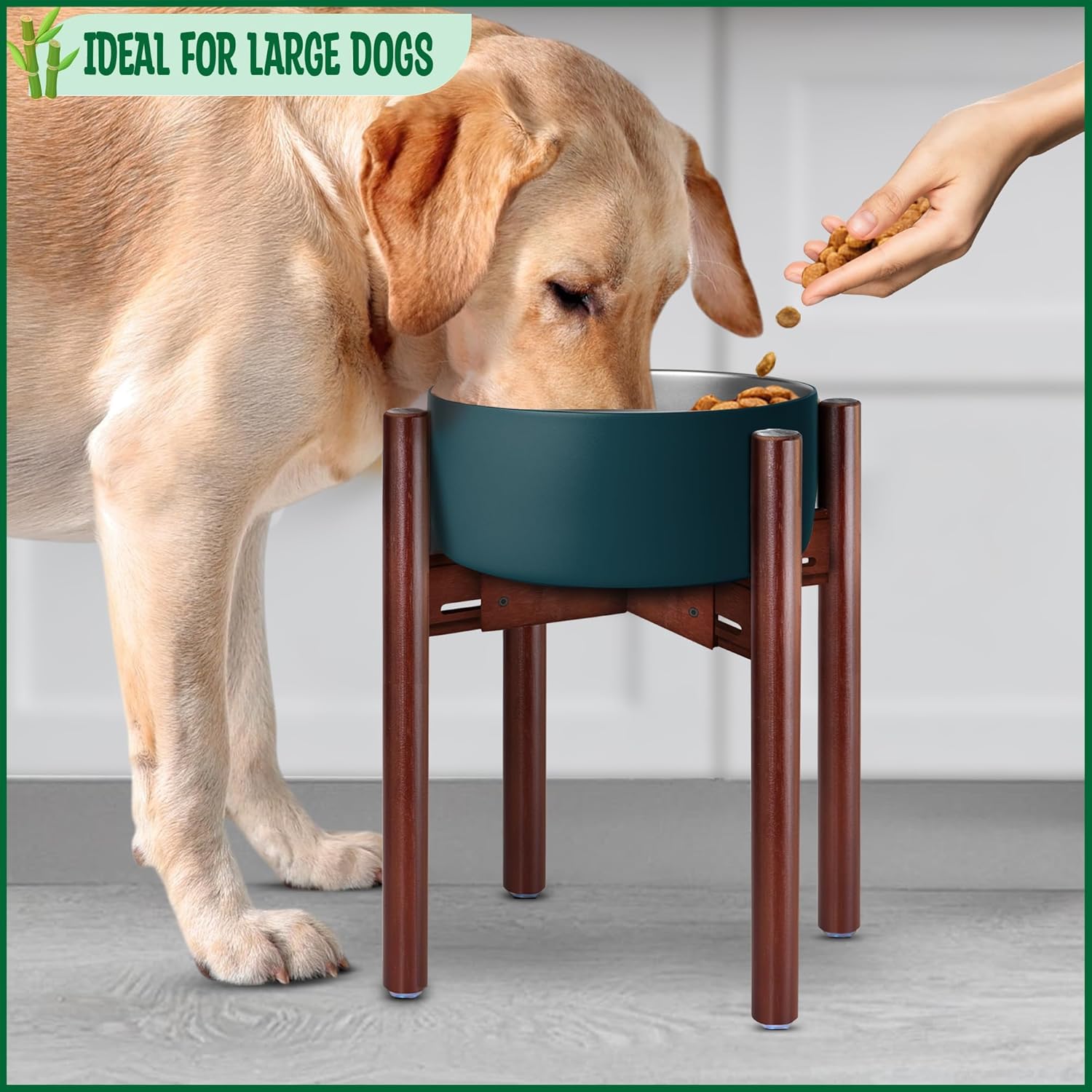 Stand for Dog Water/Food Bowl, Fountain Dishes and Feeders - Makes 14-inch High, Ideal for Large Breeds - Adjustable Sideways with Lock, Dark Wood - Bowls Not Included