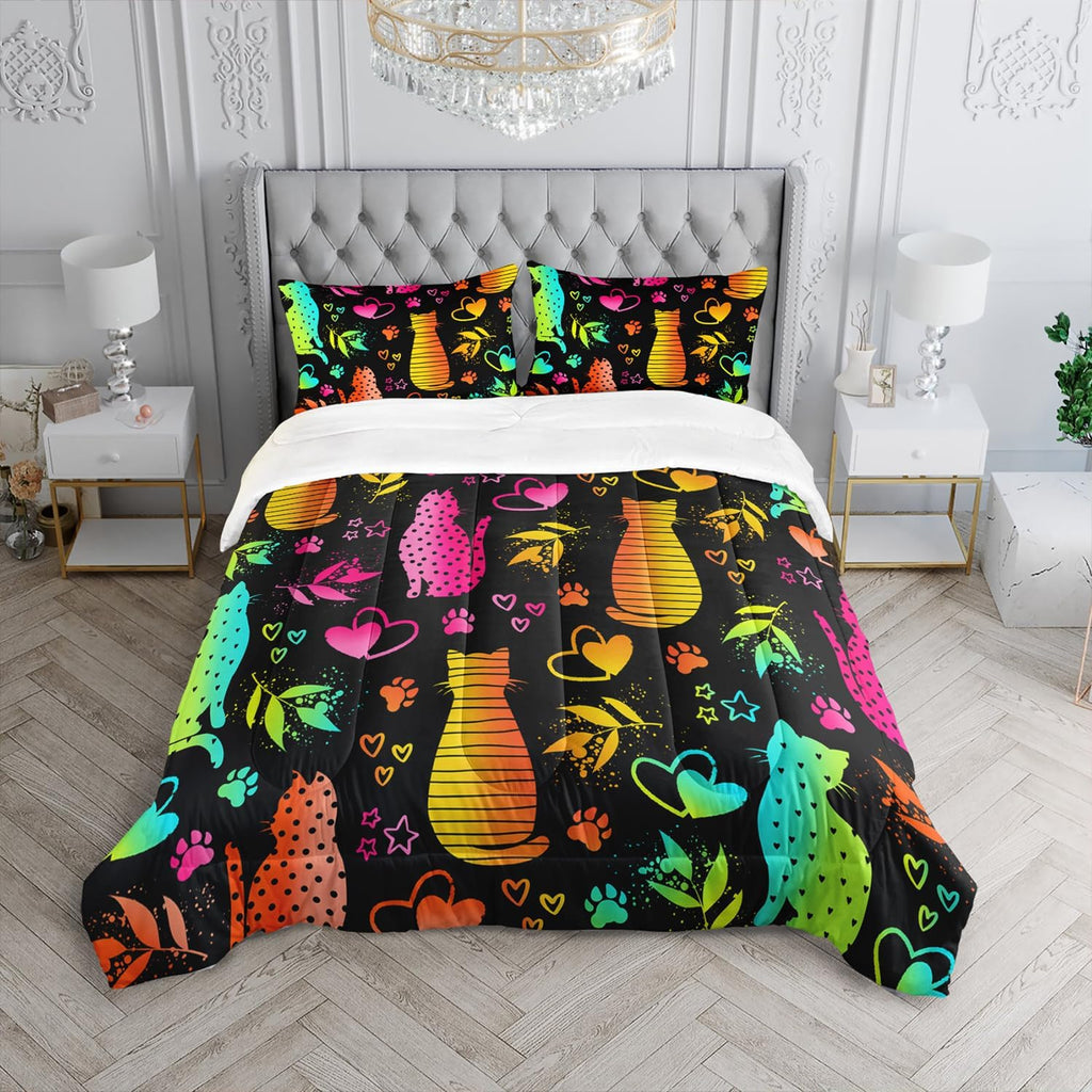 Kawaii Cat Animal Comforter 3Pcs Twin Lovely Pet Cat Bedding Set for Kid Teen Girl Boy Adult Room Decor Cartoon Kitten Paw Heart Bamboo Leaf Pattern Quilt with 1 Comforter and 2 Pillowcases