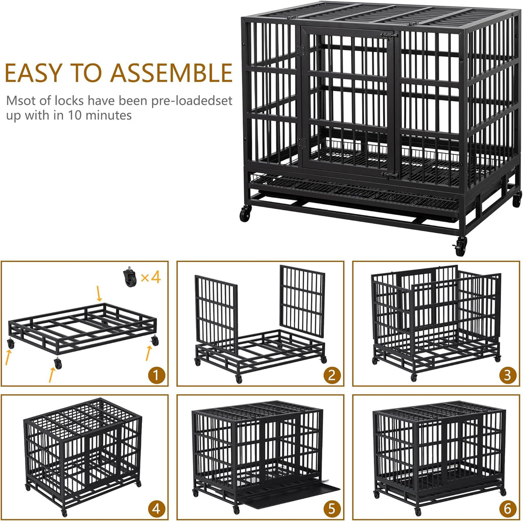 JY QAQA 48/38 Inch Heavy Duty Indestructible Dog Crate Double Doors Escape Proof Cage Kennel,Enhanced Metal Pet Cage,Extra Large Crate Indoor for Large Dog with Removable Tray and Lockable Wheels