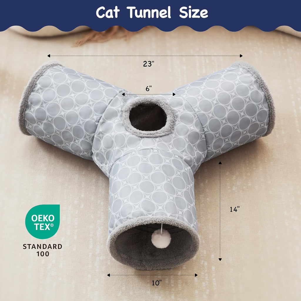 Tempcore Pet Cat Tunnel Tube Cat Toys 3 Way Collapsible, Cat Tunnels for Indoor Cats Fleece-Lined in for Warmth，Kitty Tunnel Bored Pet Toys Peek Hole Toy Ball Cat, Puppy, Kitten, Geometry Grey