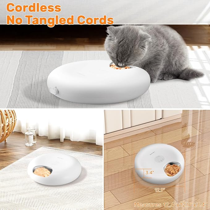 Automatic Cat Feeder for Wet Food, Stainless Steel Tray 6 Meals Dispenser with 2 Ice Packs, Programmable Timer, Rechargeable Cordless Auto Pet Feeder for Cats Small Dogs