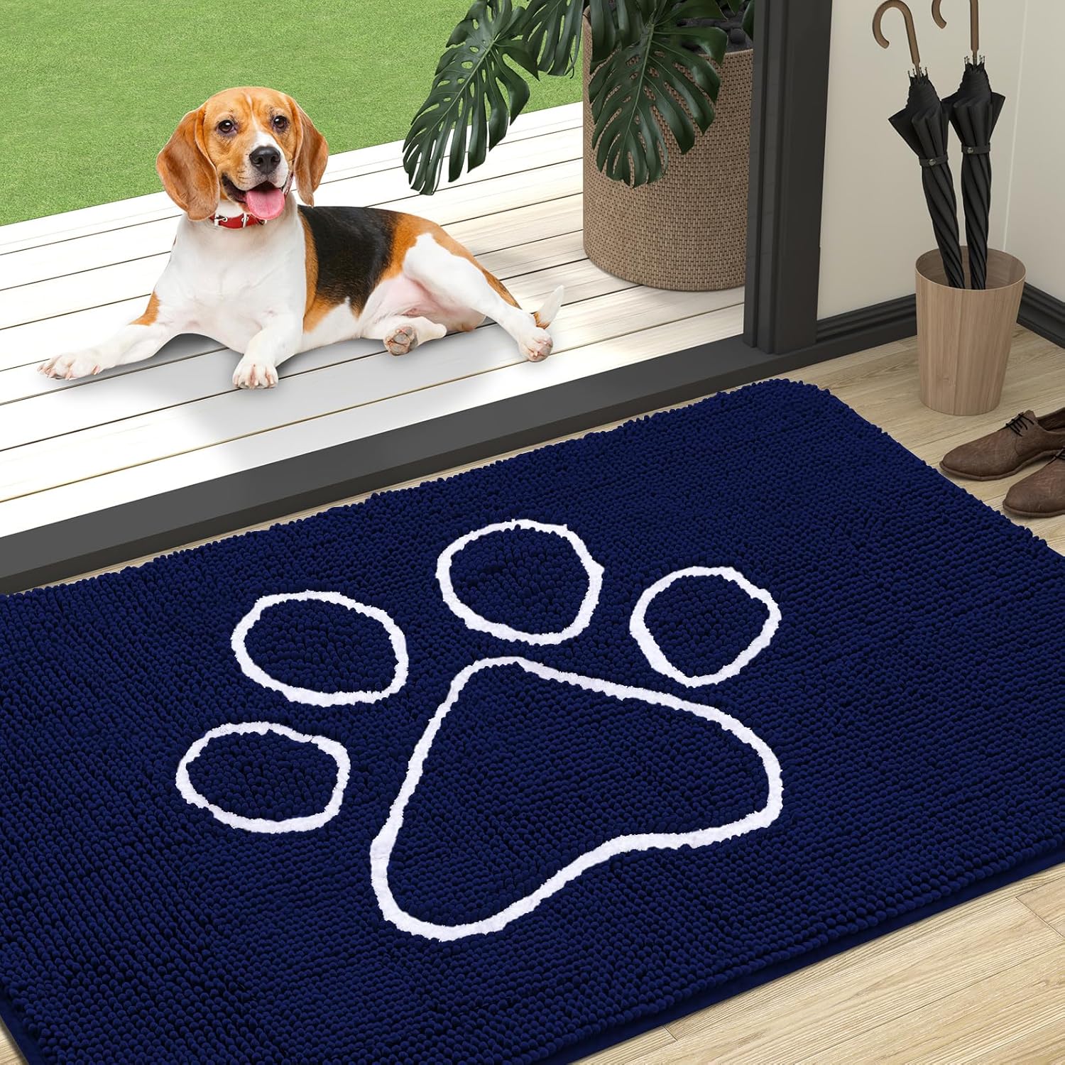 OLANLY Door Mat for Muddy Dog Paws 47x32, Ultra Absorbent Chenille Mud Doormat with Paw Print Design, Non-Slip Washable Doormat for Indoor Entryway, Quick-Dry Pet Bed Mats for Dirty Dogs, Navy Blue