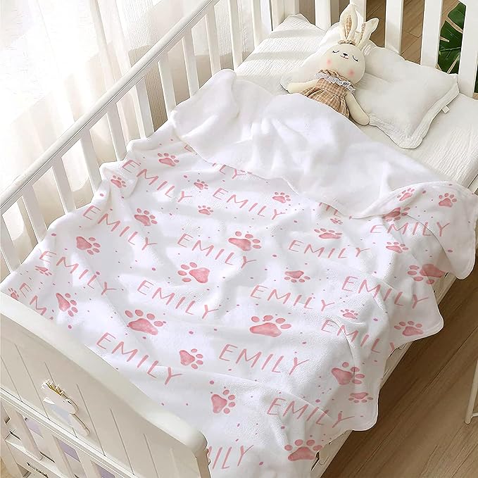 Personalized Dog Blanket - Custom Puppy Throw With Pet's Name and Cute Paw Print, Fluffy for Small Dogs 40"x30"