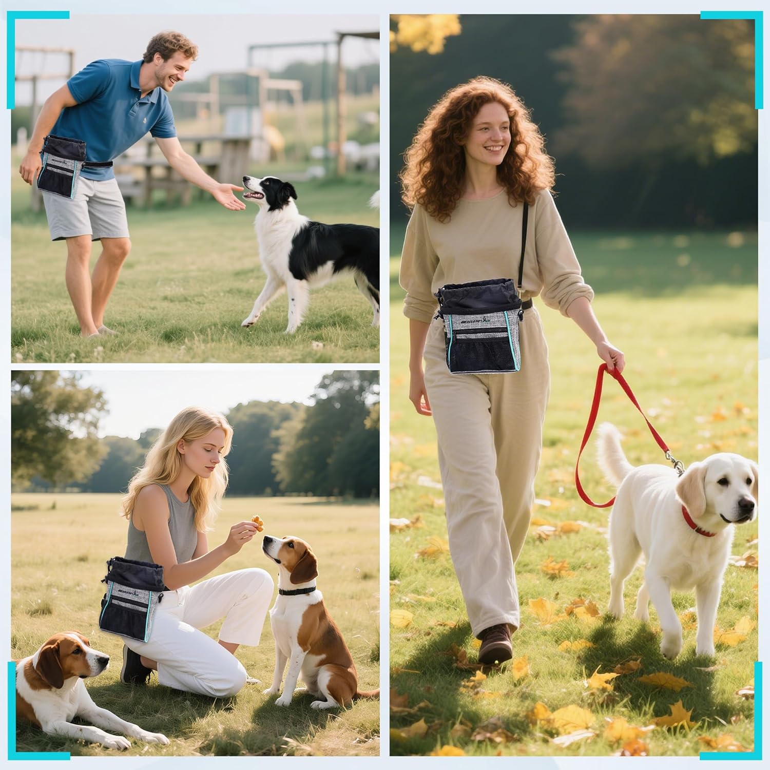 Dog Treat Pouches Training Walking Bag with Shoulder Strap, Large Space for Pets Food, Polyester Fabric, 3-Way Wearing Design, Portable Pet Bagand Easy to Clean, Black with Grey