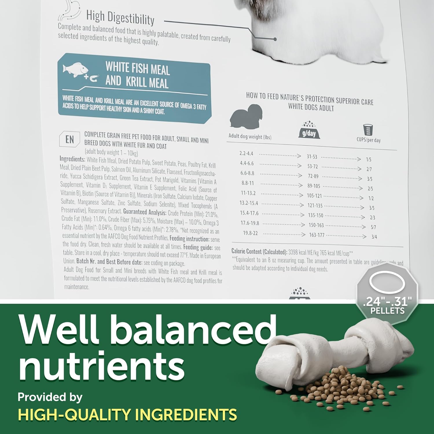 Nature's Protection Superior Care White Dogs Grain-Free Dry Dog Food - High Protein, Tear Stain Dog Food for Small & Mini Breeds Light Coated Adult Dogs, Fresh Pet Meal, White Fish, 22 lb