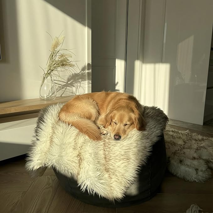 Waterproof Dog Blanket for Small, Medium & Large Dogs – Faux Fur Pet Throw for Couch, Sofa, Bed & Car – Soft, Washable, Stain-Resistant, Durable Cover – White w/Brown Tips – 40" x 30"