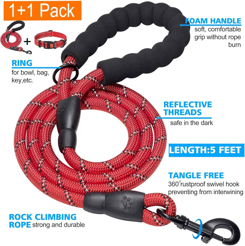 Heavy Duty Dog Leash - Comfortable Padded Handle, 5 ft Long - Dog Leashes for Small Medium Large Dogs (Leash+Collar XS Neck 10.5"-13.5", Red)