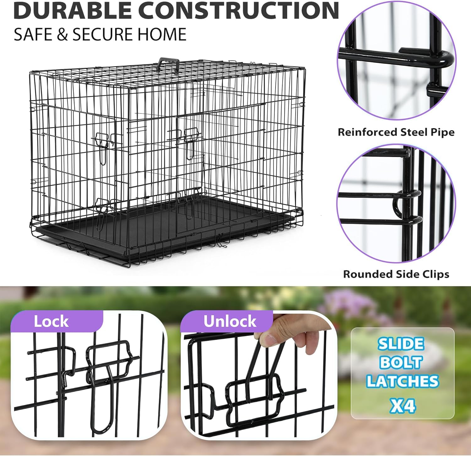 BestPet | Dog Crate | 30" | Black | Foldable Metal Kennel with Double Doors, Secure Slide-Bolt Latches, Leakproof Tray | Portable Dog Cage for Small Breeds | for Travel, Indoor & Outdoor Use