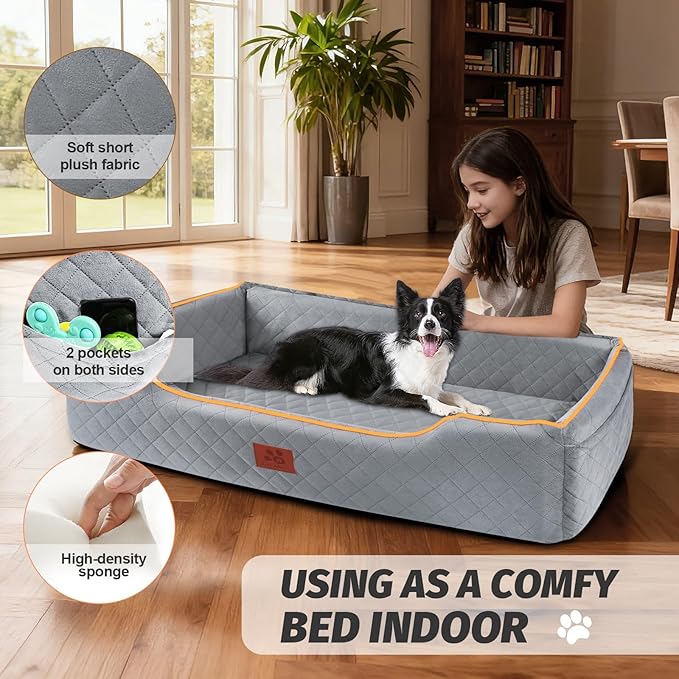 Large Dog Car Seat for Dods Under 100 Lbs, Memory Foam Dog Car Bed for Backseat & Trunk, Detachable and Washable Cover, Pet Travel Seat with Storage Pockets, 2 Safety Belts