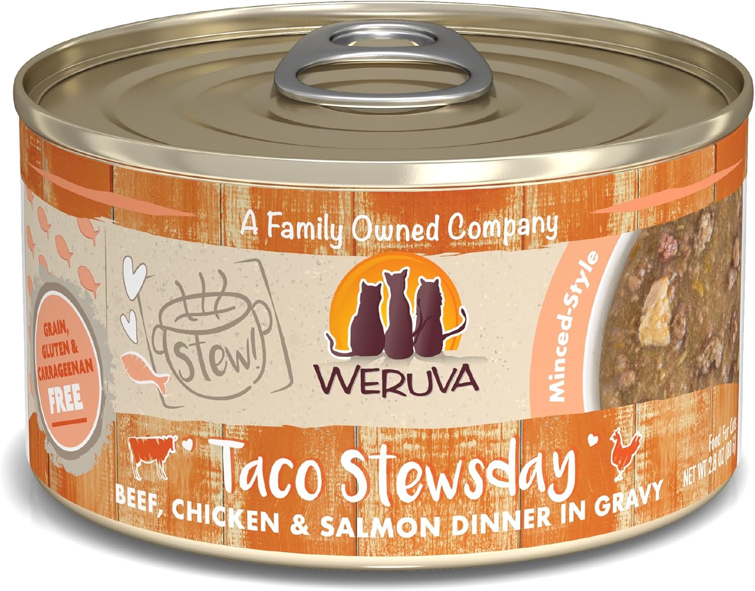 Weruva Classic Cat Stews!, Taco Stewsday with Beef, Chicken & Salmon in Gravy, 2.8oz Can (Pack of 12)