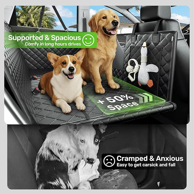 Zanch Heavy-Duty Dog Car Seat Cover, Flat Solid Back Seat Extender for Multi Large Dogs, Hard-Base Supports 450 lb, Waterproof Scrachproof Hammock Protector, Standard for Cars, SUV, Trucks, Black