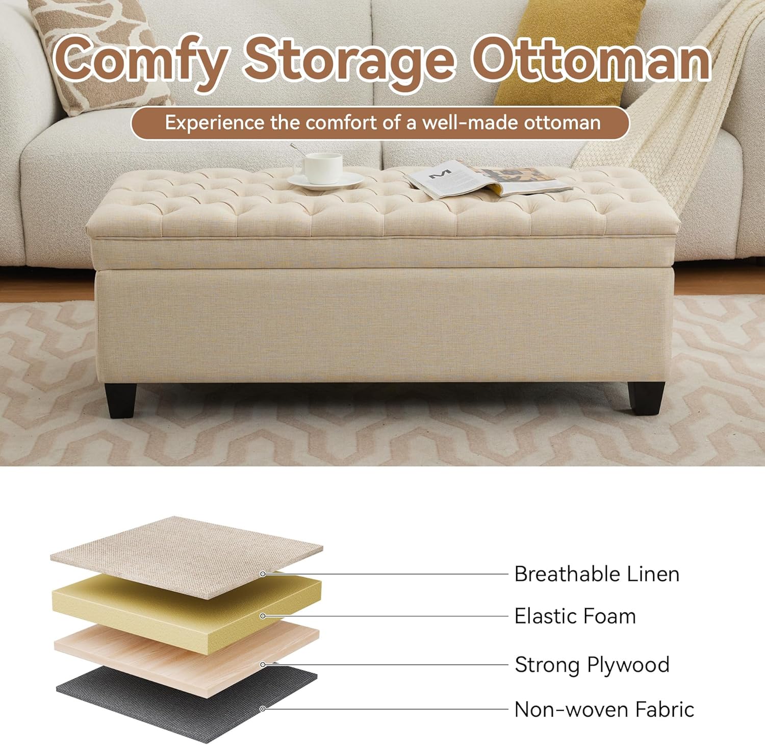 51" Fabric Storage Ottoman Bench, Upholstered Rectangle End of Bed Storage Ottoman Tufted Living Room Bedroom Bench with Safety Hinge, Solid Wood Legs, Loads 500 lb(Khaki)