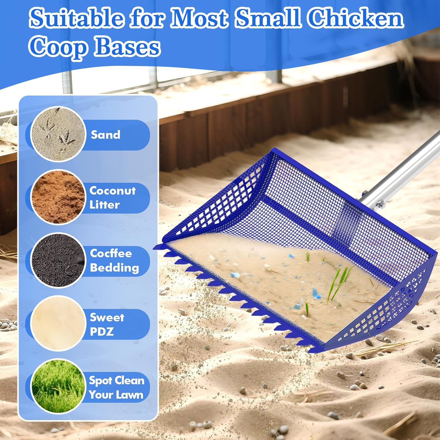 12 Inch Chicken Poop Scooper & Rake 2-in-1, Large Metal Shovel Head, Rubber Handle Stainless Steel Chicken Litter Scoop for Chicken Coops, Litter Screening Scoop (35 to 65in) US Patent Pending (Blue)