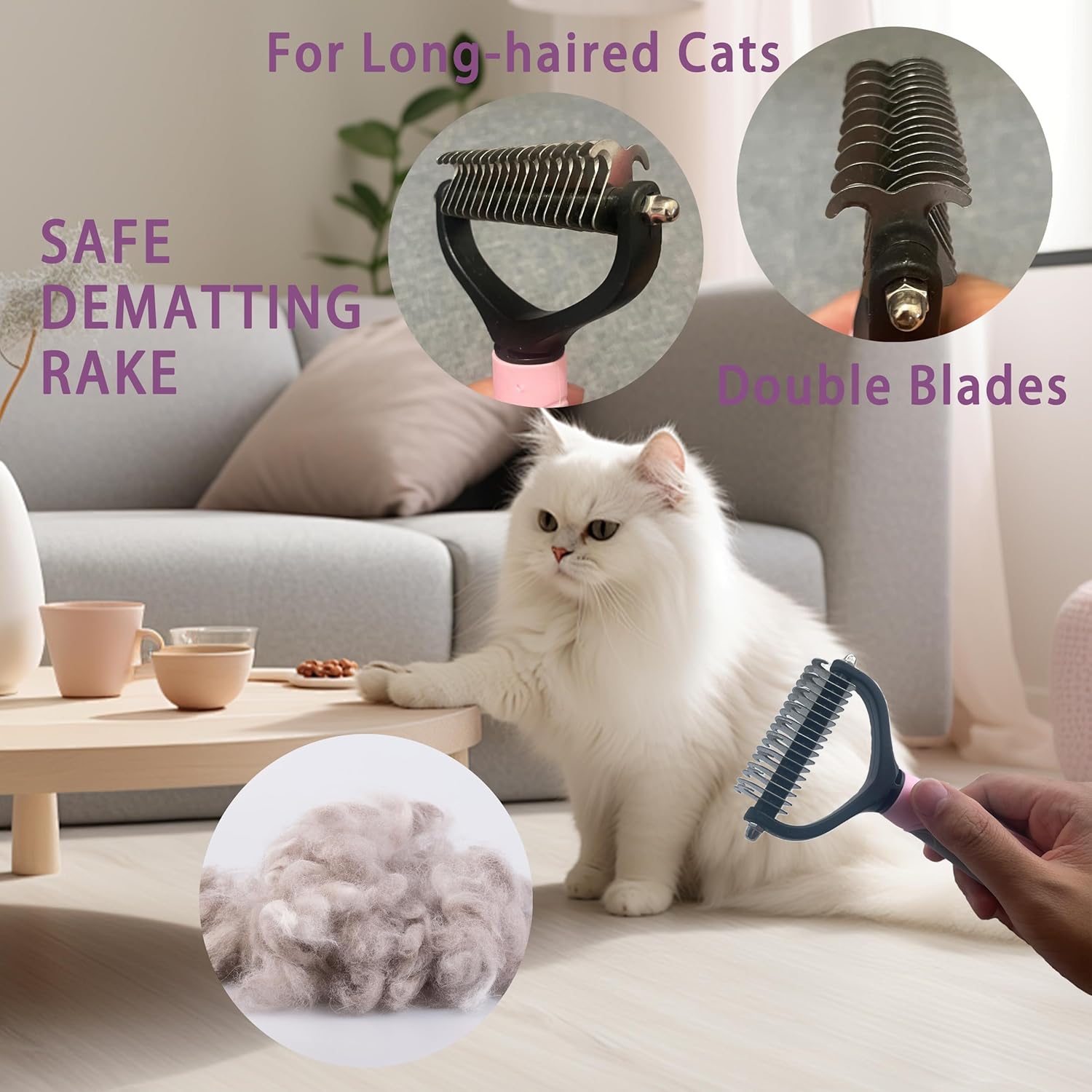Cat Grooming Brush Kit 6 Tools - Deshedding & Dematting for Long/Short Hair, Self-Cleaning Slicker Brush with 6-in-1 Flea Comb for Cats & Kittens (Pink)