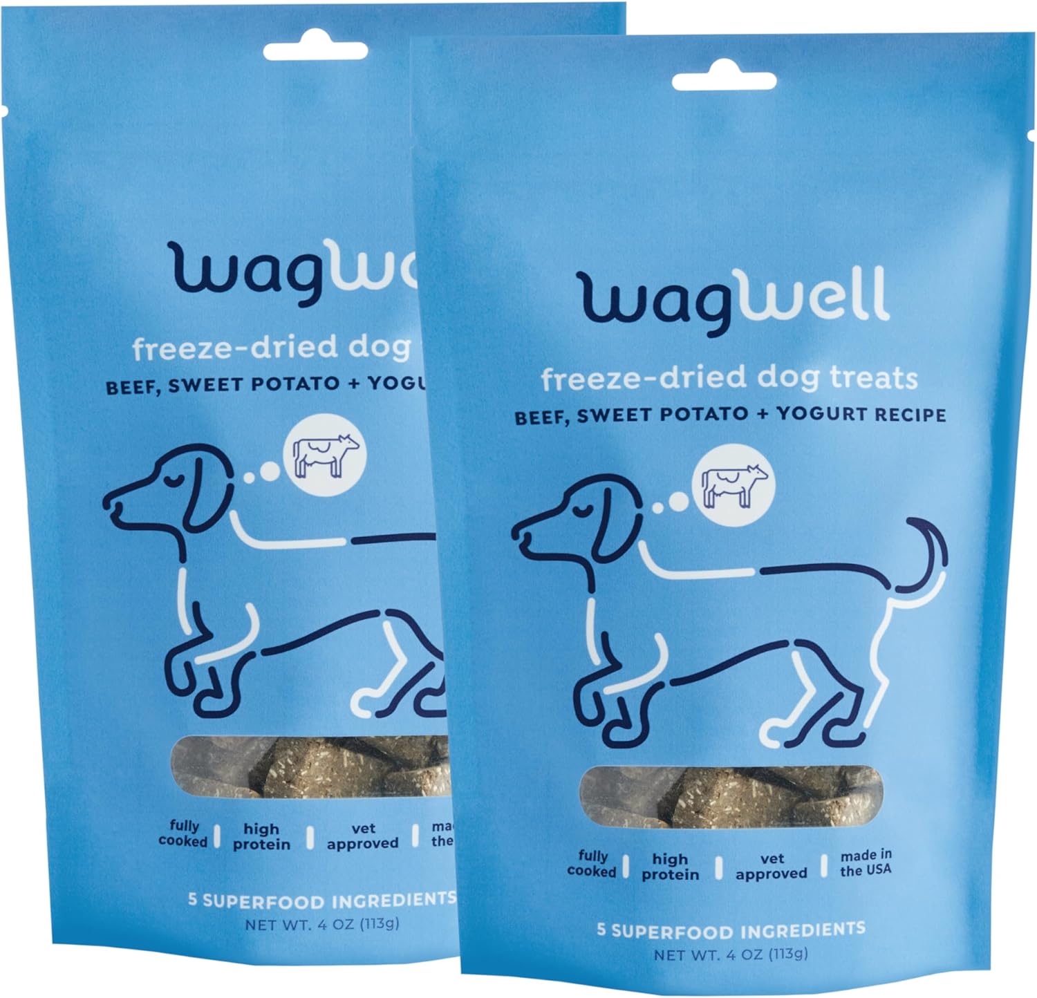 WagWell Freeze-Dried Treats - Beef, Sweet Potato, + Yogurt Recipe - Fully Cooked, High Protein Made in The USA - Minimally Processed & Vet Approved - Pack of 2