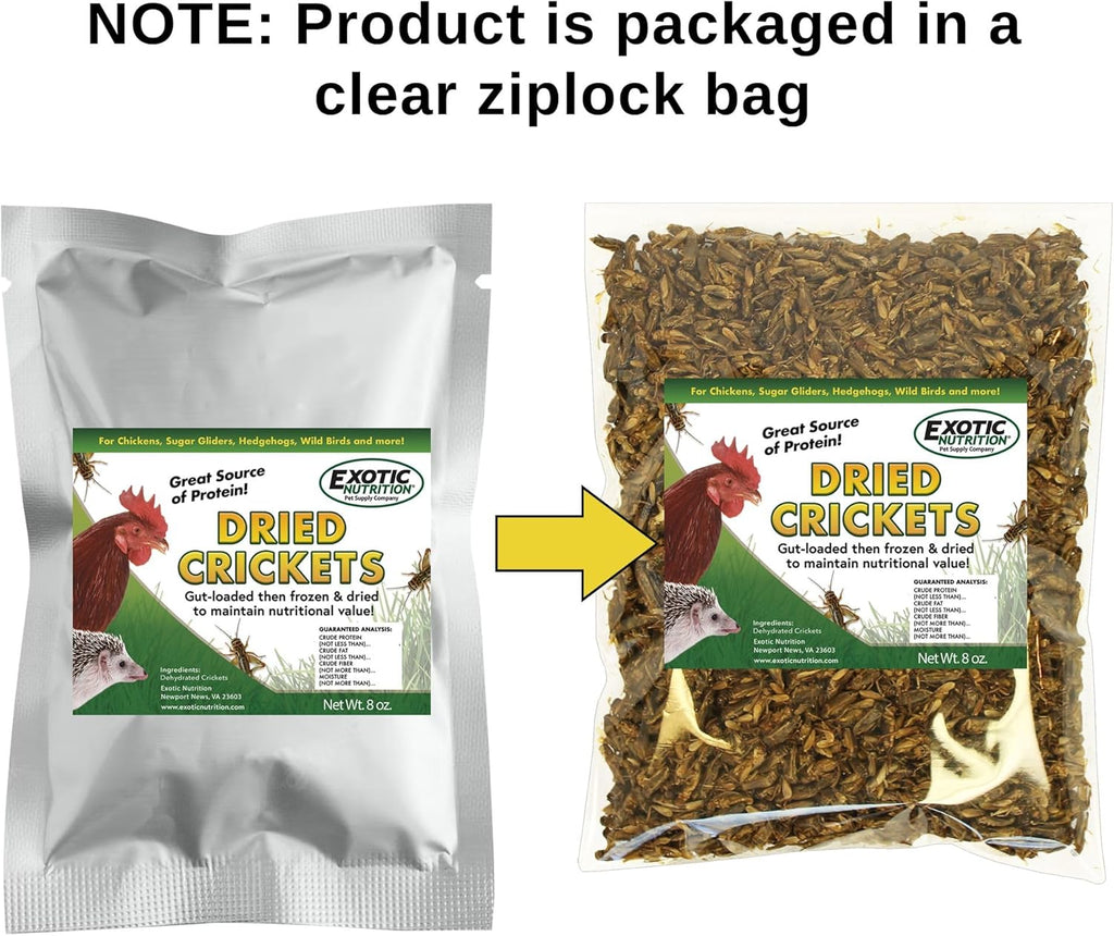 1 Pound Dried Crickets - High Protein Insect Treat - Chickens, Wild Birds, Hedgehogs, Bluebirds, Reptiles, Sugar Gliders, Opossums, Skunks, Lizards, Bearded Dragons, Fish, Turtles 8 oz. (2 Pack)