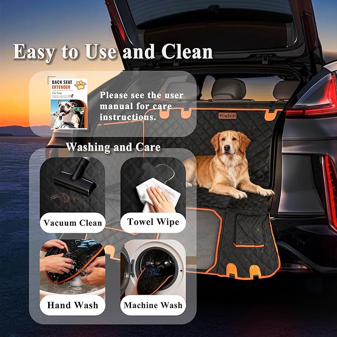 Hard Bottom Back Seat Extender for Dogs, Waterproof Dog Car Seat Cover, 420lb Support, 600D Heavy Duty Car Seat Protector Dog Hammock for Sedan, SUV, Small Truck(Black & Orange)